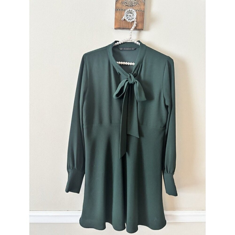 Zara Trafaluc Womens Size Small Dark Green Dress Long Sleeve Tie Neck